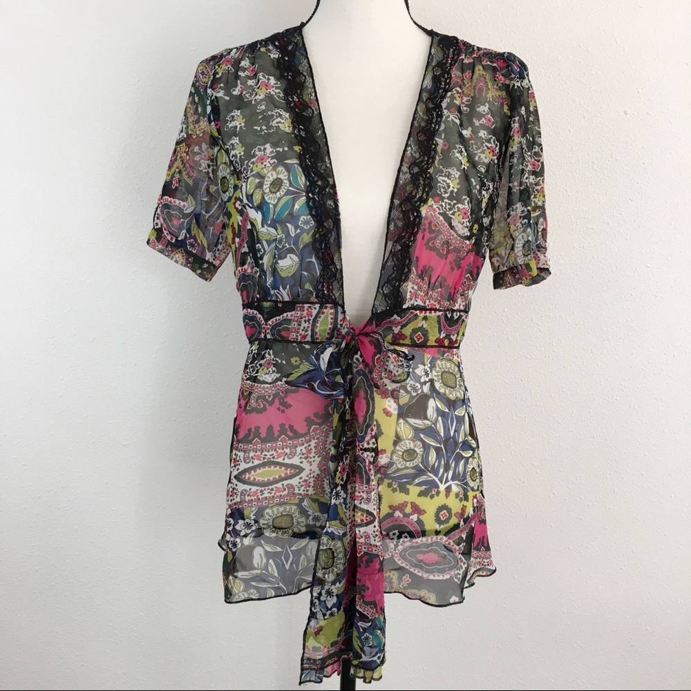 Cabi floral sheer kimono blouse with sash S